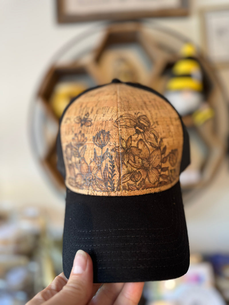 Hand burned cork hats by Piper