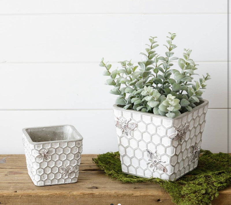 Debossed cement hive and bee planter set of 2
